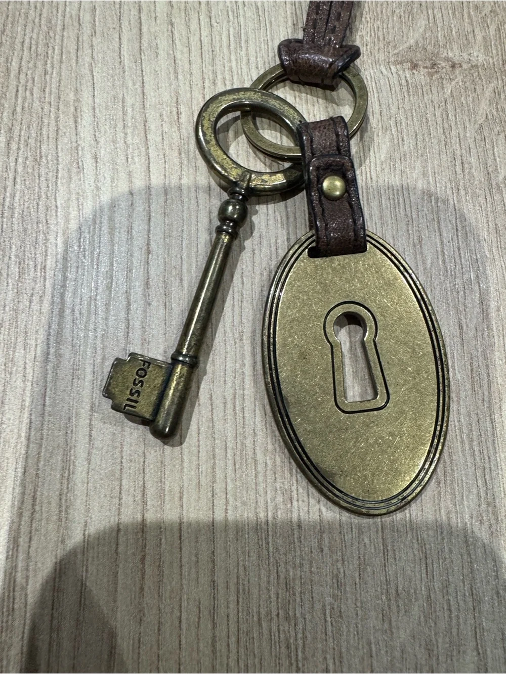 Fossil Brown Leather Key Fob with Brass Key & Lock Tag